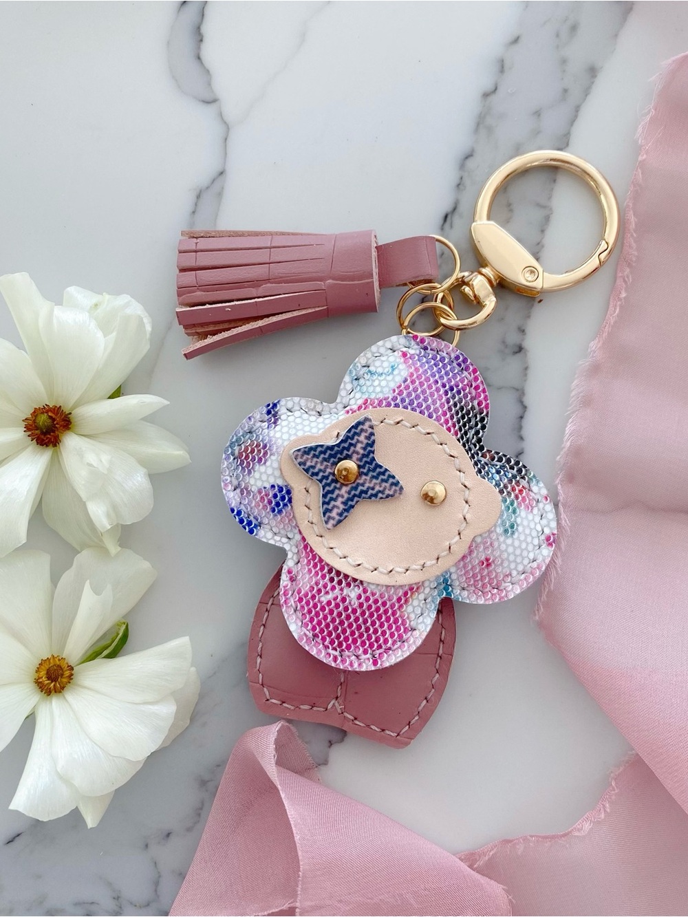 Handmade Floral Leather Bag Charm - Mauve